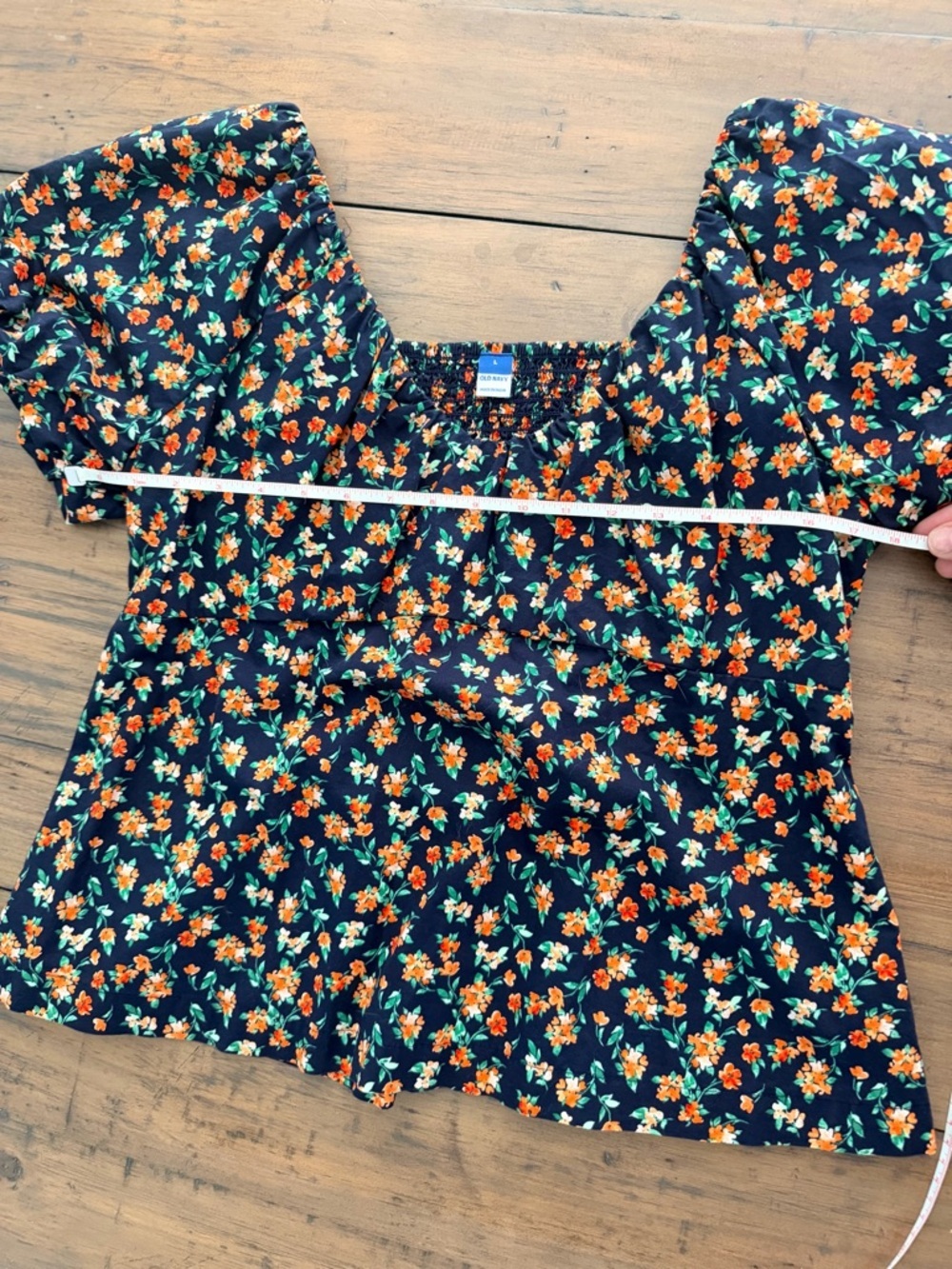 Old Navy | V-Neck Puff Sleeve Top | Navy Blue Floral | Size Large - Picture 8 of 12